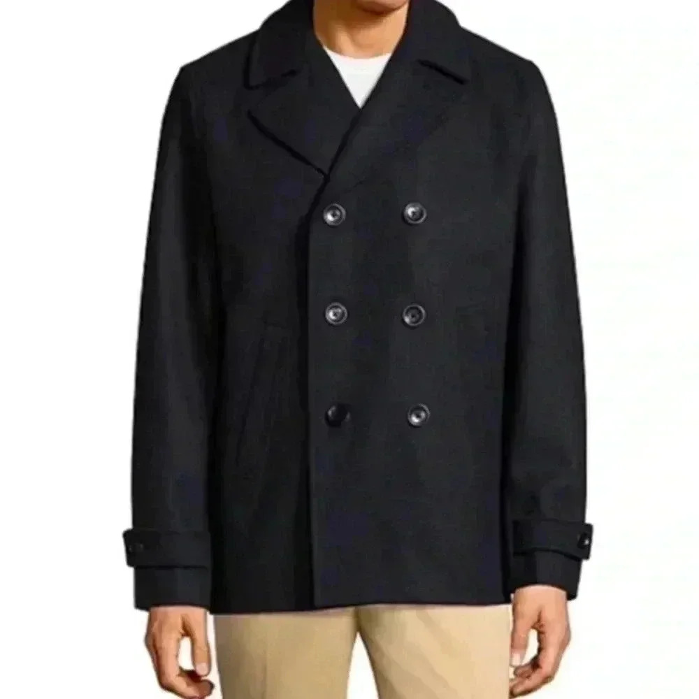 Men's New‎ Claiborne Wool-Blend Black Double Breasted Pea Coat Size:
Small